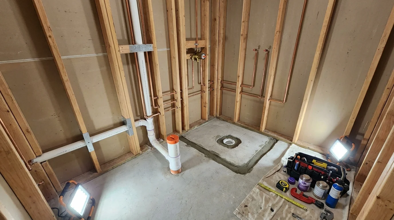 Bathroom rough-in plumbing during remodel by Johns Plumbing LLC in Maugansville