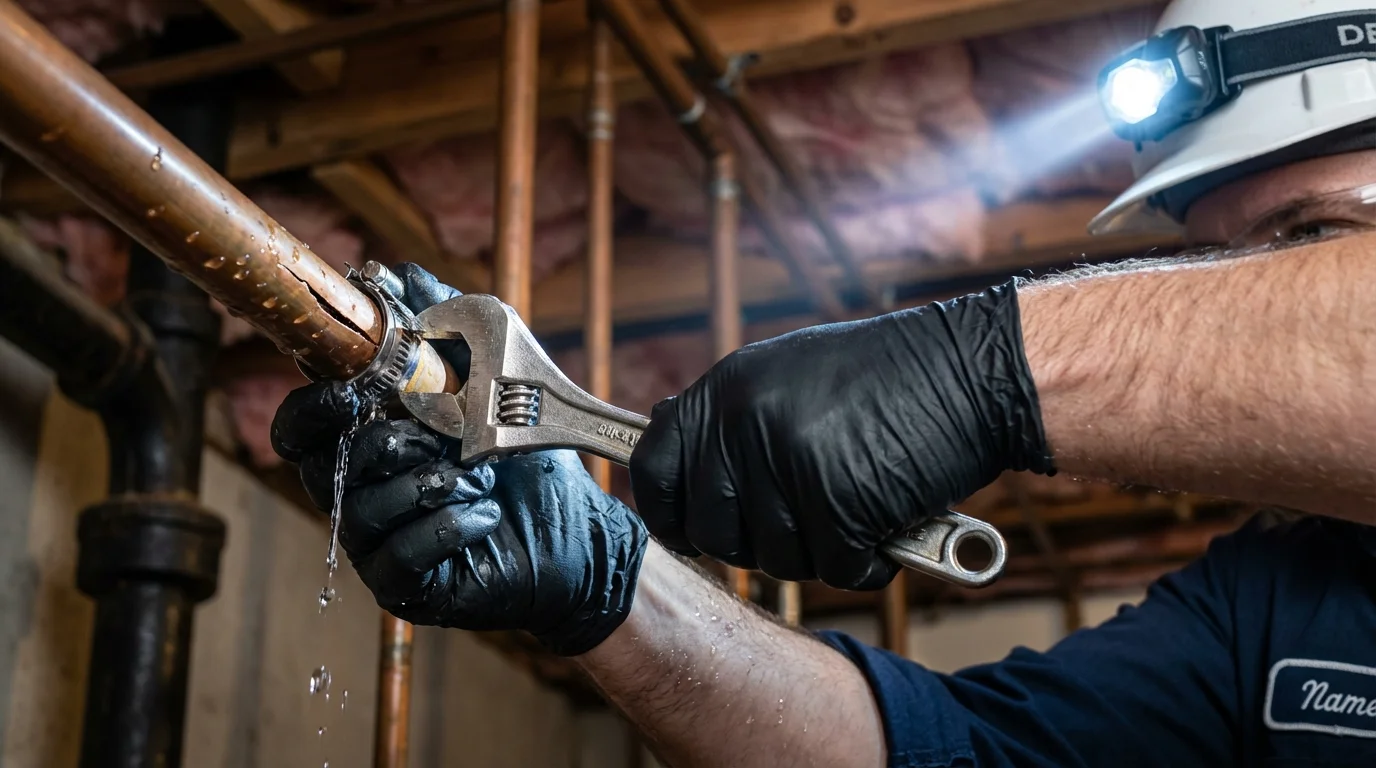 Emergency pipe clamp repair being performed by a Johns Plumbing LLC plumber in Maugansville