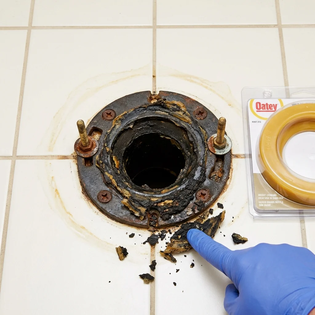 Failed wax ring showing water seepage at the base of a toilet in a Maugansville, MD home