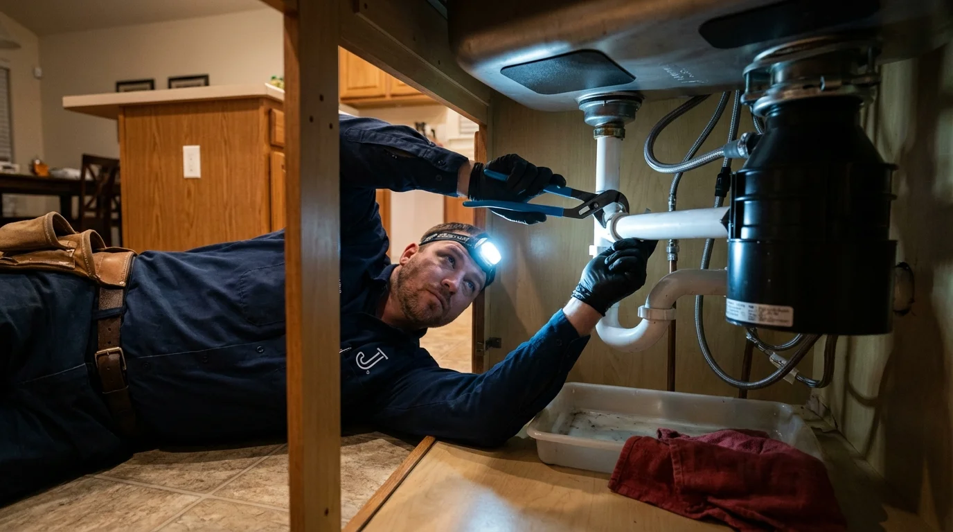 P-trap and supply line connections under a kitchen sink showing a common leak point in Maugansville, MD